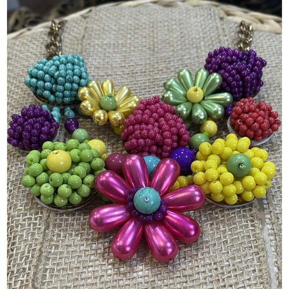 Vintage Art To Wear Floral Boho Beach Coastal Gold Tone Statement Multicolored - Picture 3 of 8